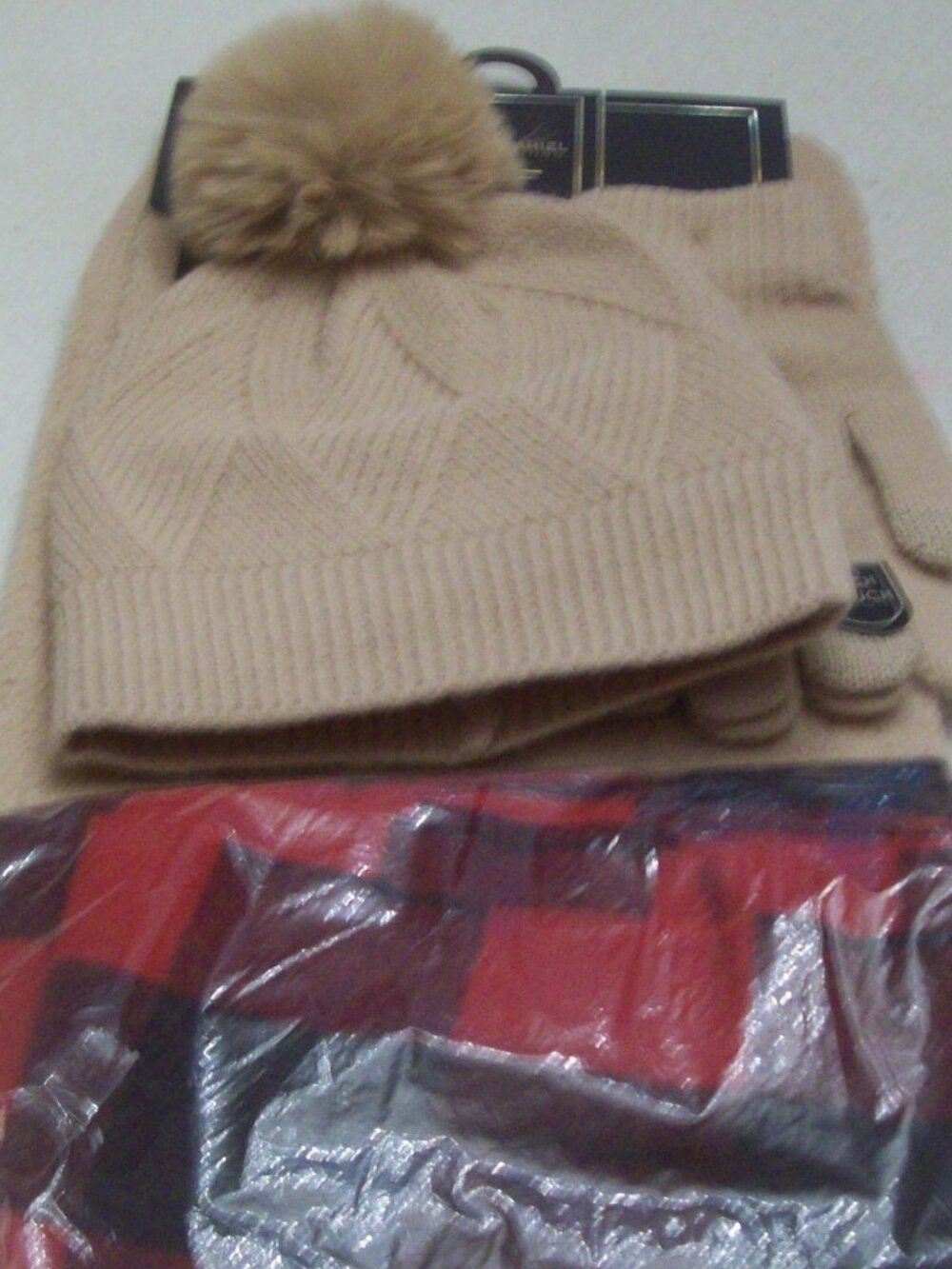 Winter Warmth Bundle: one Charlotte Daniel Winter Set + one Old Navy Plaid Scarf